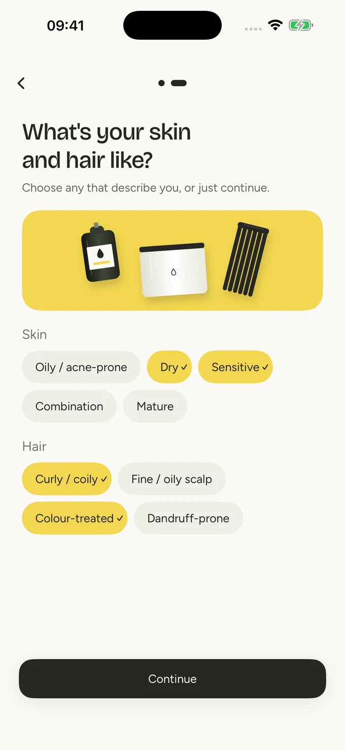 Pura profile screen showing skin types and concerns