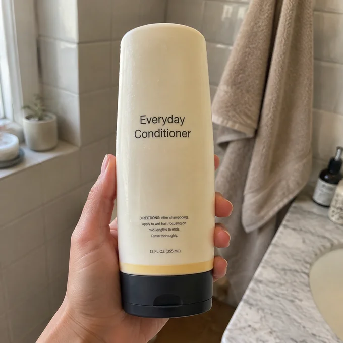 Illustrative everyday conditioner held in a bathroom