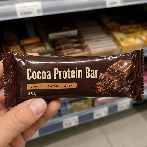 Illustrative cocoa protein bar held in a grocery shop